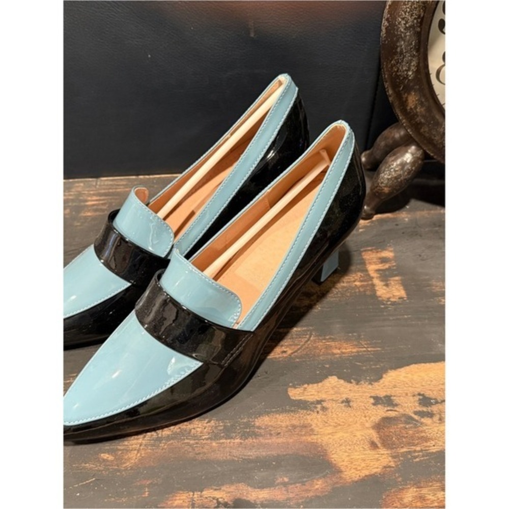 Black and Light Blue Patent Pointed-Toe Women's Heels - Picture 2 of 8